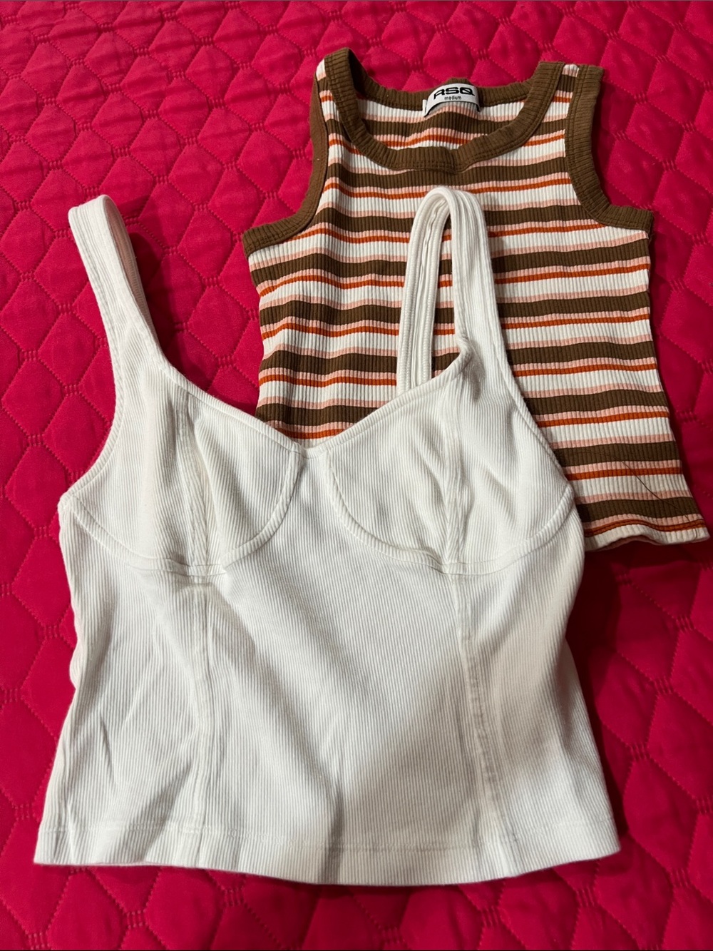 aerie White Ribbed Tank & Brown Striped Crop Layering Set